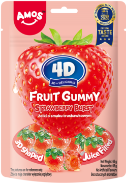 Różowe opakowanie Amos 4D Fruit Gummy Strawberry Burst, z dużą truskawką 3D, sokiem wypełnione żelki.
