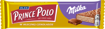 Prince Polo Milka wafelek w żółtym opakowaniu, z czerwonym logo i obrazkiem czekolady, widok z przodu.