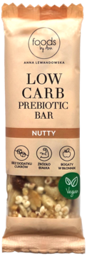 Foods by Ann Low Carb Prebiotic Bar Nutty, opakowanie z okienkiem. Baton wegański, bez cukru, bogaty w błonnik.