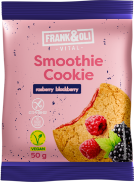 Frank & Oli Smoothie Cookie, malina i jeżyna. Różowo-fioletowe opakowanie z owsianym ciastkiem, bez glutenu i cukru. Widok z przodu.