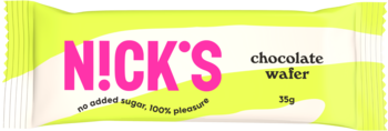 N!CK'S Chocolate Wafer, jasnozielone opakowanie z różowym logo i opisem 'no added sugar', widok z przodu.