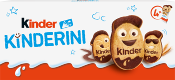 Kinder Kinderini: uśmiechnięte biszkoptowe figurki z czekoladową polewą, logo Kinder, na białym tle z akcentami.