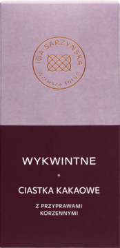 Opakowanie Iga Sarzynska Wykwintne Ciastka Kakaowe z Przyprawami Korzennymi, widok z przodu, lila góra, burgund dół.