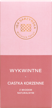 Różowe opakowanie IGA SARZYŃSKA Ciastek Korzennych "Wykwintne" z Miodem Naturalnym, widok z przodu.