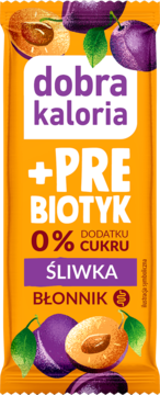 Baton Dobra Kaloria Śliwka, pomarańczowe opakowanie z prebiotykiem i błonnikiem, 0% dodatku cukru. Frontalny widok.