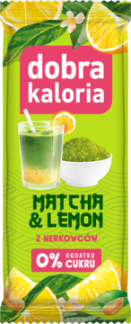 Zielone opakowanie Dobra Kaloria Matcha & Lemon 0% cukru z ilustracjami napoju, cytryn i nerkowców.