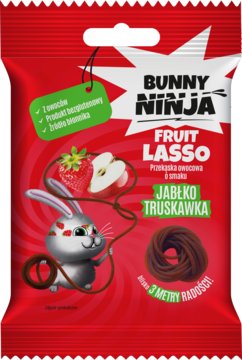 Czerwona torebka Bunny Ninja Fruit Lasso Jabłko Truskawka z rysunkiem zająca i owoców, widok z przodu.