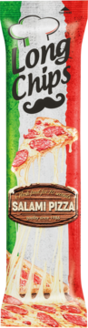 Long Chips Salami Pizza, długie opakowanie w barwach flagi Włoch, kawałek pizzy z serem, widok z przodu.