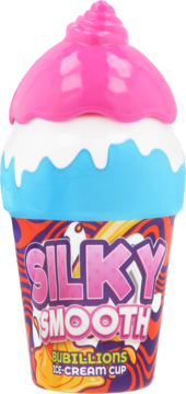 Silky Smooth Bubillions Ice-Cream Cup toy. Pink swirled top, blue 'melted' layer, colorful patterned cup, front view.
