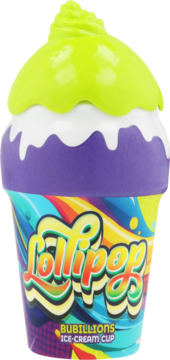 Lollipop Bubillions Ice-Cream Cup; colorful toy with neon green swirl, white topping, purple base, and rainbow label.