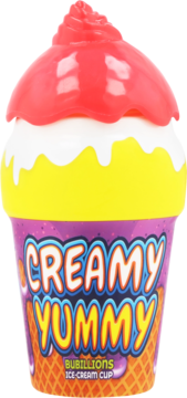 Fioletowy kubek Bubillions Ice-Cream Cup Creamy Yummy z czerwoną bitą śmietaną, żółtymi lodami i waflową podstawą, widok z przodu.