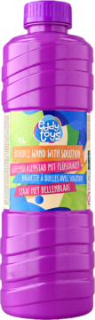 Fioletowa butelka Eddy Toys z 1L płynu do baniek mydlanych, widoczny napis 'Bubble Wand with Solution'.