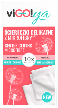 Opakowanie różowo-białych ściereczek z mikrofibry VIGO!ya, 10 sztuk, delikatne, wielorazowe, widok z przodu.