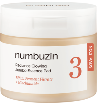 Numbuzin No.3 Radiance Glowing Jumbo Essence Pad z Bifida Ferment Filtrate, w beżowym słoiku, widok z przodu.