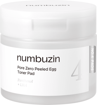 Białe opakowanie Numbuzin No.4 Pore Zero Peeled Egg Toner Pad, widok z przodu pod kątem, z Panthenolem i LHA.