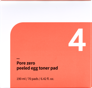 Front opakowania Numbuzin No.4 Pore Zero Peeled Egg Toner Pad z dużą cyfrą 4, pomarańczowo-białe pudełko, widok lekko z boku.