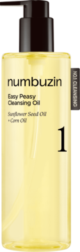 Numbuzin Easy Peasy Cleansing Oil z olejem słonecznikowym, żółty płyn w przezroczystej butelce z czarną pompką. Numer 1.