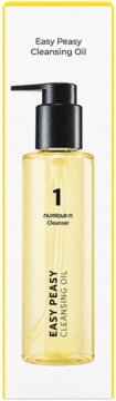 Numbuzin No.1 Easy Peasy Cleansing Oil w przezroczystej butelce z czarną pompką, żółty olejek do demakijażu, widok z przodu.