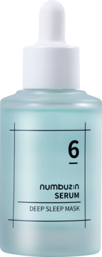 Przednia strona serum numbuz:n Deep Sleep Mask w szronionej, jasnoniebieskiej butelce z białą pipetą, numer 6.
