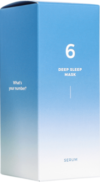 Frontalne ujęcie niebiesko-białego pudełka Numbuzin No.6 Deep Sleep Mask Serum z gradientem i numerem 6.