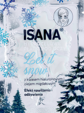 Isana Let It Snow, srebrna saszetka hydrożelowych płatków pod oczy w kształcie płatków śniegu, widok z przodu.