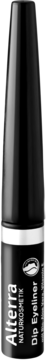 Czarny eyeliner Alterra Dip z organicznym aloesem, w eleganckiej butelce z białym napisem, widok z przodu.
