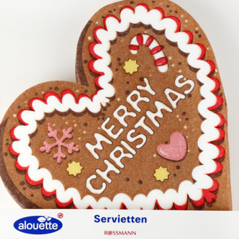 Świąteczna serwetka Alouette, brązowe piernikowe serce z białym lukrem, napisem Merry Christmas i ozdobami.