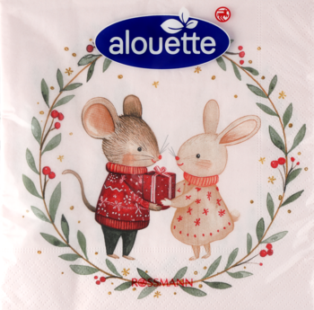 Alouette świąteczne serwetki, opakowanie z myszką i zajączkiem wymieniającymi prezent w wianku, z przodu.