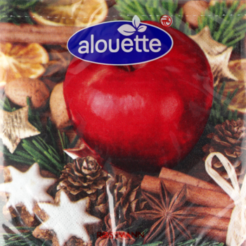 Alouette serwetki papierowe 33x33cm, z jabłkiem, cynamonem i szyszkami. Opakowanie z motywem świątecznym.