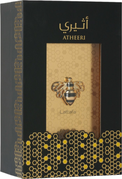 Atheeri by Lattafa, orientalny zapach damski. Czarno-złote pudełko z motywem plastra miodu i złotą pszczołą, widok z przodu pod kątem.