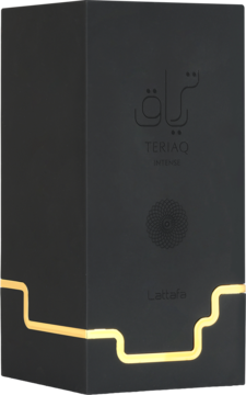 Matowe czarne pudełko perfum Lattafa Teriaq Intense ze złotym, falistym wzorem, widok pod lekkim kątem.