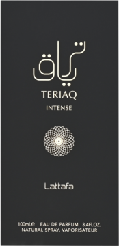 Czarne opakowanie wody perfumowanej Lattafa Teriaq Intense 100ml, ze złotymi napisami i ozdobnym wzorem.