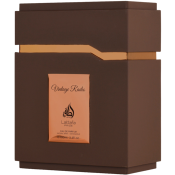 Lattafa Vintage Radio Eau de Parfum, brązowe pudełko ze złotą opaską, widok z boku. Elegancki zapach z oudem.
