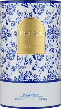 Petra by Lattafa, unisex floral EDP w białym flakonie z niebieskim wzorem roślinnym i złotą etykietą.