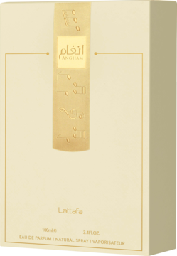 Perfumy unisex Lattafa Angham w kremowym pudełku ze złotym pasem i arabskim pismem, widok z przodu pod kątem.
