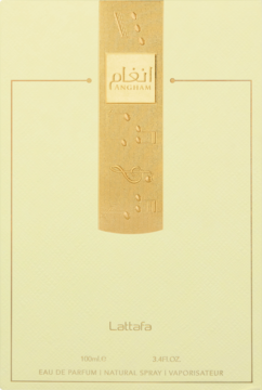 Przednie beżowe opakowanie wody perfumowanej Lattafa Angham, z pionowym złotym pasem i napisem Angham 100ml.