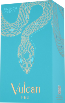 Opakowanie Vulcan Feu French Avenue, turkusowe ze złotym, geometrycznym wężem. Widok z przodu i prawego boku.