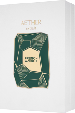 Opakowanie perfum French Avenue Aether extrait, białe, z zielono-złotą geometryczną etykietą na froncie.