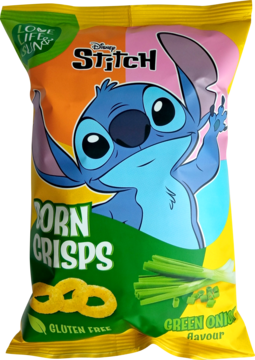 Kolorowe opakowanie chrupek kukurydzianych Disney Stitch Green Onion. Z przodu Stitch i symbol bezglutenowy.