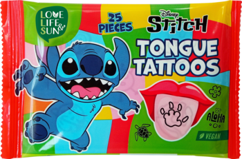 Czerwone opakowanie Disney Stitch Tongue Tattoos, 25 sztuk. Niebieski Stitch i usta z tatuażem, widok z przodu.