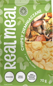 Front zielonego opakowania chipsów ziemniaczanych Real Meal o smaku grzybowym, z grafiką grzybów.