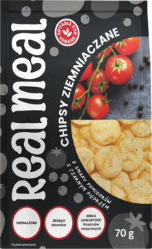 Czarne opakowanie chipsów ziemniaczanych Real meal, smak pomidor z czarnym pieprzem, wegańskie i niesmażone, 70g. Widok z przodu.