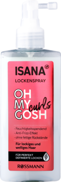 ISANA OH MY curls GOSH Lockenspray nawilżający dla loków, biała butelka z różową etykietą, z przodu.