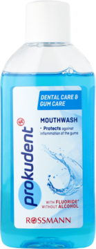 Płyn do płukania ust prokudent Rossmann, niebieski, z fluorem, bez alkoholu, dla dziąseł, widok z przodu.