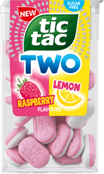 NOWE Tic Tac Two Raspberry & Lemon sugar free, w przezroczystym pudełku z dwukolorową etykietą, widok z przodu.