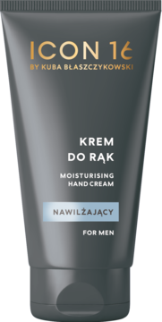 Matowy krem nawilżający do rąk ICON 16 dla mężczyzn w ciemnoszarej tubce, widok z przodu.