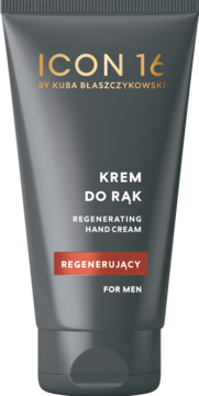 Regenerujący krem do rąk ICON 16 w ciemnoszarej tubce, widok z przodu, z pomarańczowym logo i czerwoną etykietą.