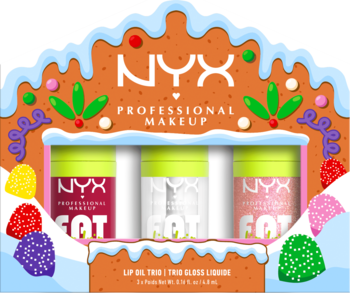 Świąteczny zestaw NYX Fat Oil Lip Drip Trio: 3 błyszczyki w pudełku-pierniku z kolorowym lukrem i cukierkami.