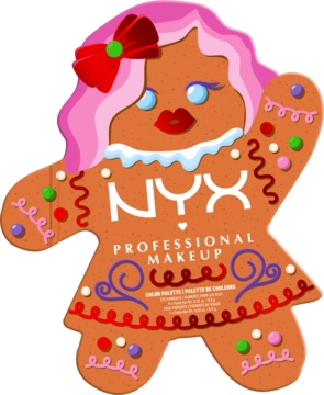NYX Holiday Gingerbaddie paleta cieni, opakowanie w kształcie piernikowego ludzika, różowe włosy, czerwona kokarda, logo NYX.