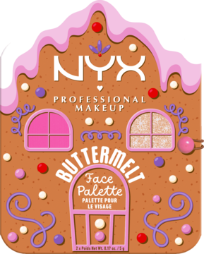 Paleta do twarzy NYX Buttermelt w kształcie domku z piernika z logo i różowymi zdobieniami, widok z przodu.